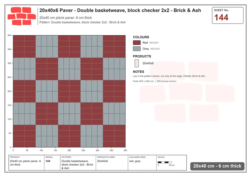 Interlock (Pasco) 20x40 cm · RC24-144 · Double basketweave, block checker 2x2 - Brick & Ash · Laying plan Interlock (Pasco) 20x40 cm · RC24-144 · Double basketweave, block checker 2x2 - Brick & Ash · Laying plan
