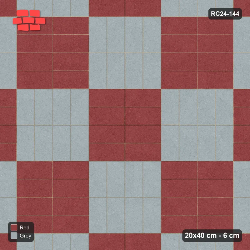 Interlock (Pasco) 20x40 cm · RC24-144 · Double basketweave, block checker 2x2 - Brick & Ash · Top view Interlock (Pasco) 20x40 cm · RC24-144 · Double basketweave, block checker 2x2 - Brick & Ash · Top view