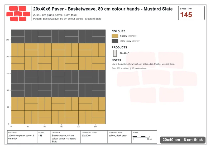 Interlock (Pasco) 20x40 cm · RC24-145 · Basketweave, 80 cm colour bands - Mustard Slate · Laying plan Interlock (Pasco) 20x40 cm · RC24-145 · Basketweave, 80 cm colour bands - Mustard Slate · Laying plan