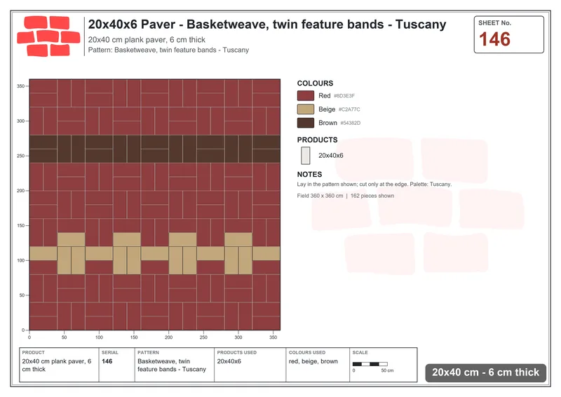 Interlock (Pasco) 20x40 cm · RC24-146 · Basketweave, twin feature bands - Tuscany · Laying plan Interlock (Pasco) 20x40 cm · RC24-146 · Basketweave, twin feature bands - Tuscany · Laying plan