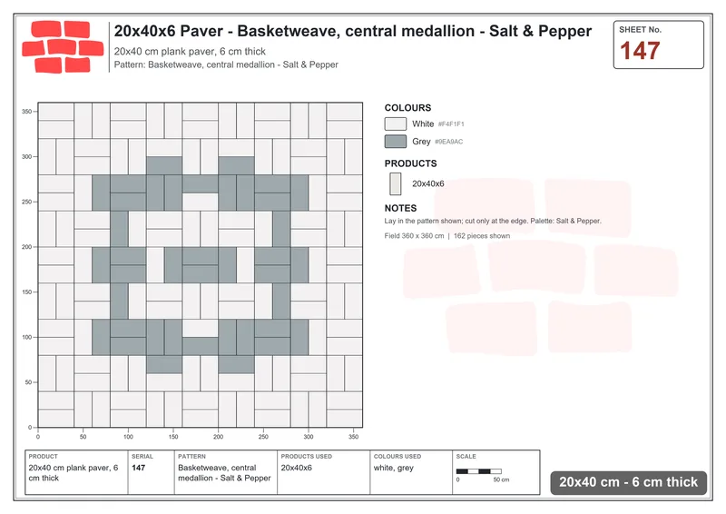 Interlock (Pasco) 20x40 cm · RC24-147 · Basketweave, central medallion - Salt & Pepper · Laying plan Interlock (Pasco) 20x40 cm · RC24-147 · Basketweave, central medallion - Salt & Pepper · Laying plan