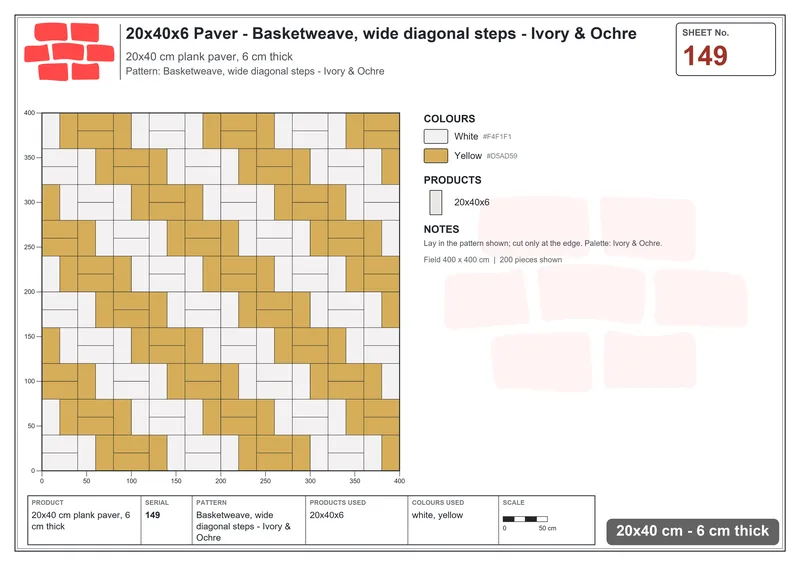Interlock (Pasco) 20x40 cm · RC24-149 · Basketweave, wide diagonal steps - Ivory & Ochre · Laying plan Interlock (Pasco) 20x40 cm · RC24-149 · Basketweave, wide diagonal steps - Ivory & Ochre · Laying plan