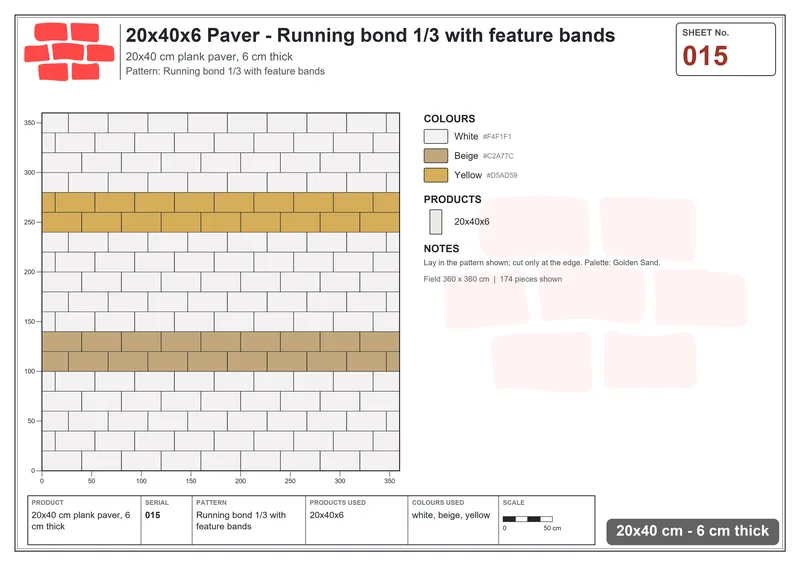 Interlock (Pasco) 20x40 cm · RC24-15 · Running bond 1/3 with feature bands · Laying plan Interlock (Pasco) 20x40 cm · RC24-15 · Running bond 1/3 with feature bands · Laying plan
