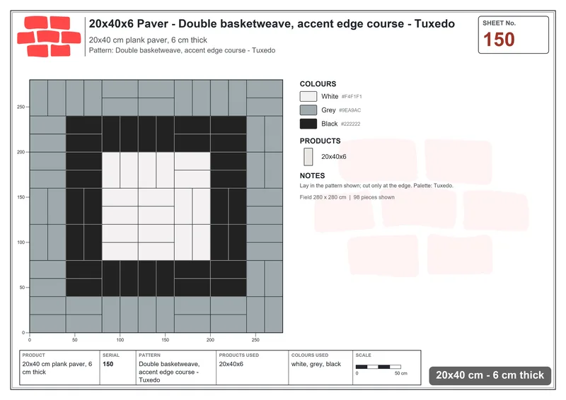 Interlock (Pasco) 20x40 cm · RC24-150 · Double basketweave, accent edge course - Tuxedo · Laying plan Interlock (Pasco) 20x40 cm · RC24-150 · Double basketweave, accent edge course - Tuxedo · Laying plan