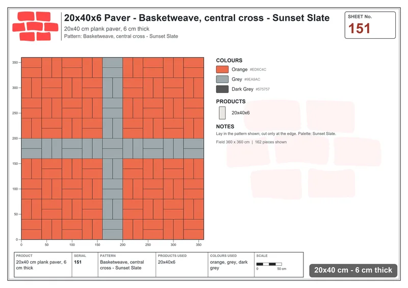 Interlock (Pasco) 20x40 cm · RC24-151 · Basketweave, central cross - Sunset Slate · Laying plan Interlock (Pasco) 20x40 cm · RC24-151 · Basketweave, central cross - Sunset Slate · Laying plan