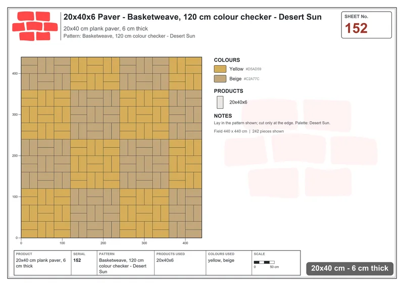 Interlock (Pasco) 20x40 cm · RC24-152 · Basketweave, 120 cm colour checker - Desert Sun · Laying plan Interlock (Pasco) 20x40 cm · RC24-152 · Basketweave, 120 cm colour checker - Desert Sun · Laying plan