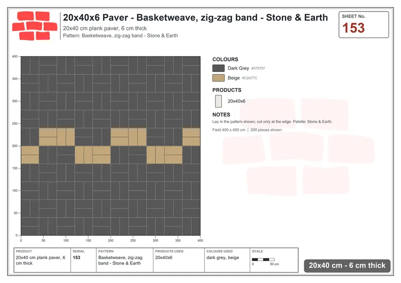Interlock (Pasco) 20x40 cm · RC24-153 · Basketweave, zig-zag band - Stone & Earth · Laying plan Interlock (Pasco) 20x40 cm · RC24-153 · Basketweave, zig-zag band - Stone & Earth · Laying plan