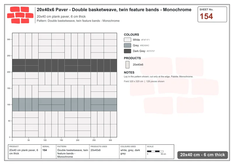 Interlock (Pasco) 20x40 cm · RC24-154 · Double basketweave, twin feature bands - Monochrome · Laying plan Interlock (Pasco) 20x40 cm · RC24-154 · Double basketweave, twin feature bands - Monochrome · Laying plan
