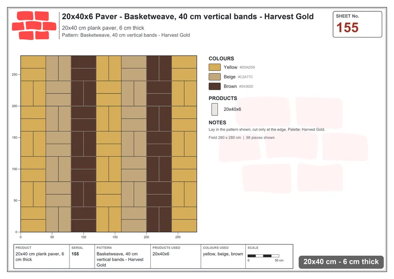 Interlock (Pasco) 20x40 cm · RC24-155 · Basketweave, 40 cm vertical bands - Harvest Gold · Laying plan Interlock (Pasco) 20x40 cm · RC24-155 · Basketweave, 40 cm vertical bands - Harvest Gold · Laying plan