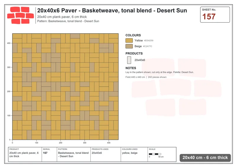 Interlock (Pasco) 20x40 cm · RC24-157 · Basketweave, tonal blend - Desert Sun · Laying plan Interlock (Pasco) 20x40 cm · RC24-157 · Basketweave, tonal blend - Desert Sun · Laying plan