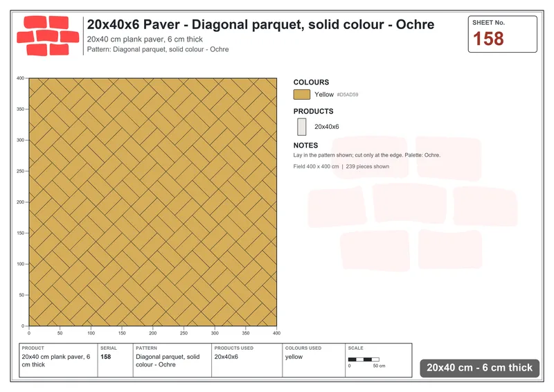Interlock (Pasco) 20x40 cm · RC24-158 · Diagonal parquet, solid colour - Ochre · Laying plan Interlock (Pasco) 20x40 cm · RC24-158 · Diagonal parquet, solid colour - Ochre · Laying plan