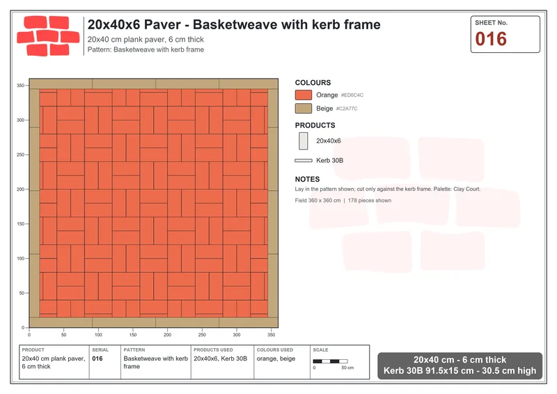 Interlock (Pasco) 20x40 cm · RC24-16 · Basketweave with kerb frame · Laying plan Interlock (Pasco) 20x40 cm · RC24-16 · Basketweave with kerb frame · Laying plan
