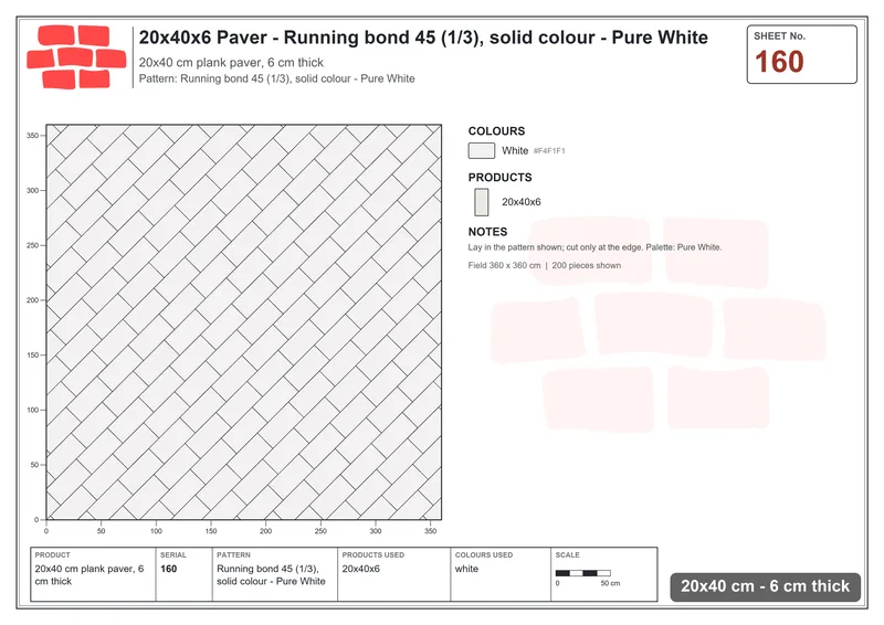 Interlock (Pasco) 20x40 cm · RC24-160 · Running bond 45 (1/3), solid colour - Pure White · Laying plan Interlock (Pasco) 20x40 cm · RC24-160 · Running bond 45 (1/3), solid colour - Pure White · Laying plan