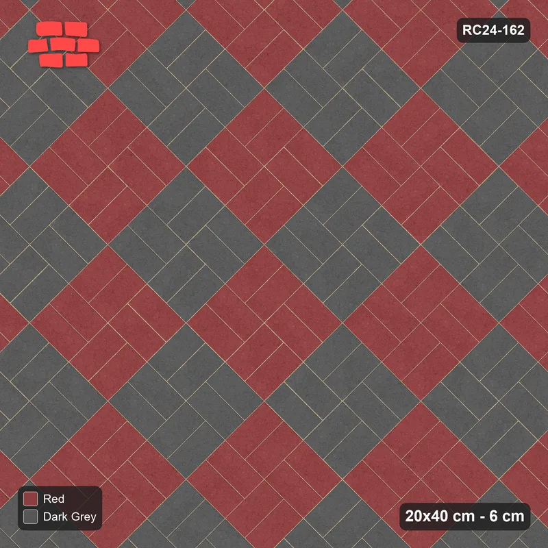 Interlock (Pasco) 20x40 cm · RC24-162 · Diagonal parquet, block checker 2x2 - Rust & Charcoal · Top view Interlock (Pasco) 20x40 cm · RC24-162 · Diagonal parquet, block checker 2x2 - Rust & Charcoal · Top view