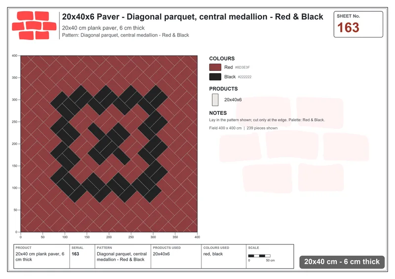 Interlock (Pasco) 20x40 cm · RC24-163 · Diagonal parquet, central medallion - Red & Black · Laying plan Interlock (Pasco) 20x40 cm · RC24-163 · Diagonal parquet, central medallion - Red & Black · Laying plan