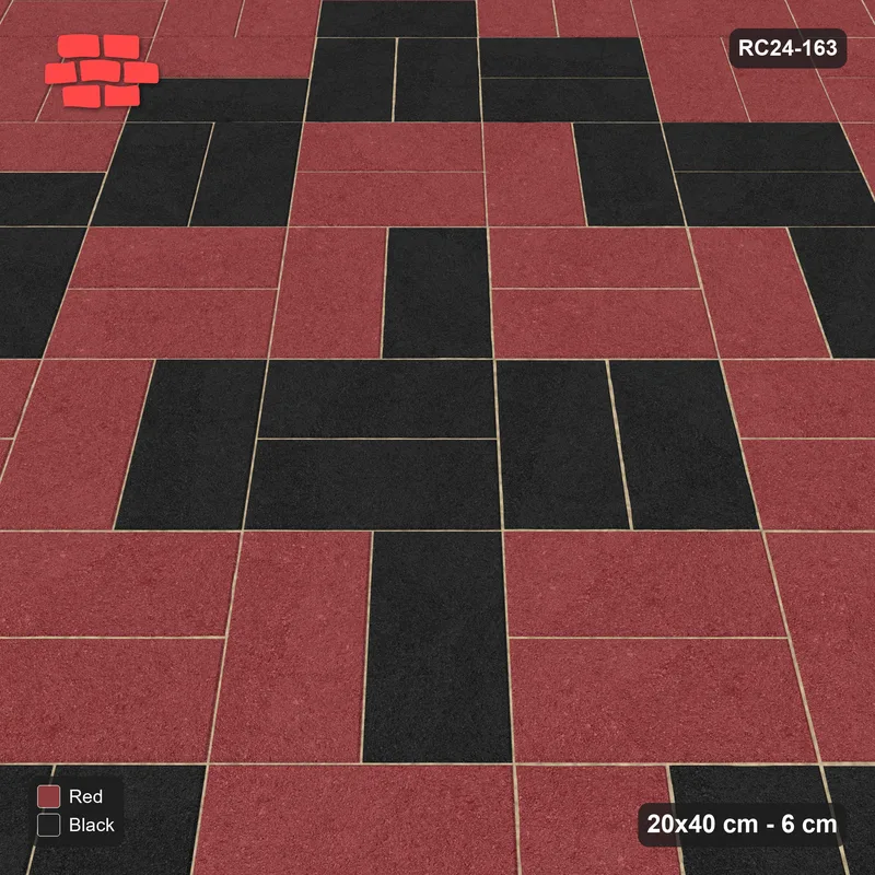 Interlock (Pasco) 20x40 cm · RC24-163 · Diagonal parquet, central medallion - Red & Black · Side view Interlock (Pasco) 20x40 cm · RC24-163 · Diagonal parquet, central medallion - Red & Black · Side view