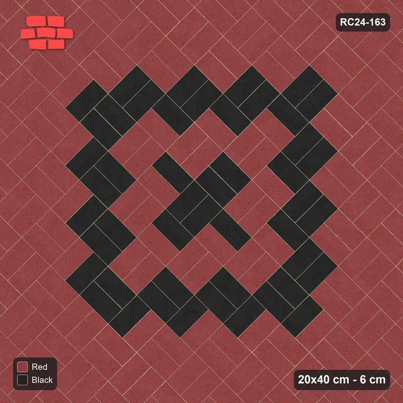 Interlock (Pasco) 20x40 cm · RC24-163 · Diagonal parquet, central medallion - Red & Black · Top view Interlock (Pasco) 20x40 cm · RC24-163 · Diagonal parquet, central medallion - Red & Black · Top view