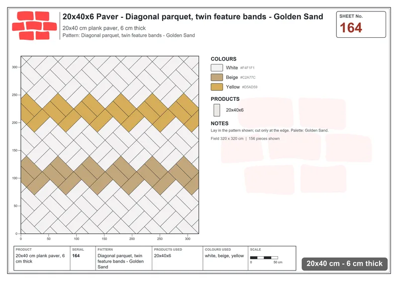 Interlock (Pasco) 20x40 cm · RC24-164 · Diagonal parquet, twin feature bands - Golden Sand · Laying plan Interlock (Pasco) 20x40 cm · RC24-164 · Diagonal parquet, twin feature bands - Golden Sand · Laying plan
