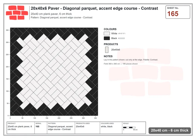 Interlock (Pasco) 20x40 cm · RC24-165 · Diagonal parquet, accent edge course - Contrast · Laying plan Interlock (Pasco) 20x40 cm · RC24-165 · Diagonal parquet, accent edge course - Contrast · Laying plan