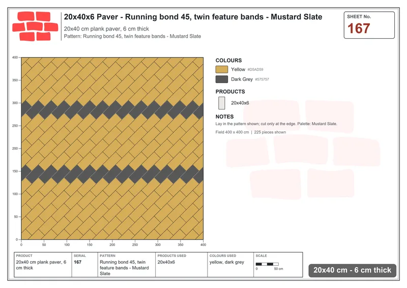 Interlock (Pasco) 20x40 cm · RC24-167 · Running bond 45, twin feature bands - Mustard Slate · Laying plan Interlock (Pasco) 20x40 cm · RC24-167 · Running bond 45, twin feature bands - Mustard Slate · Laying plan
