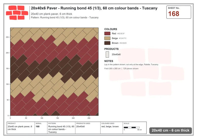 Interlock (Pasco) 20x40 cm · RC24-168 · Running bond 45 (1/3), 60 cm colour bands - Tuscany · Laying plan Interlock (Pasco) 20x40 cm · RC24-168 · Running bond 45 (1/3), 60 cm colour bands - Tuscany · Laying plan