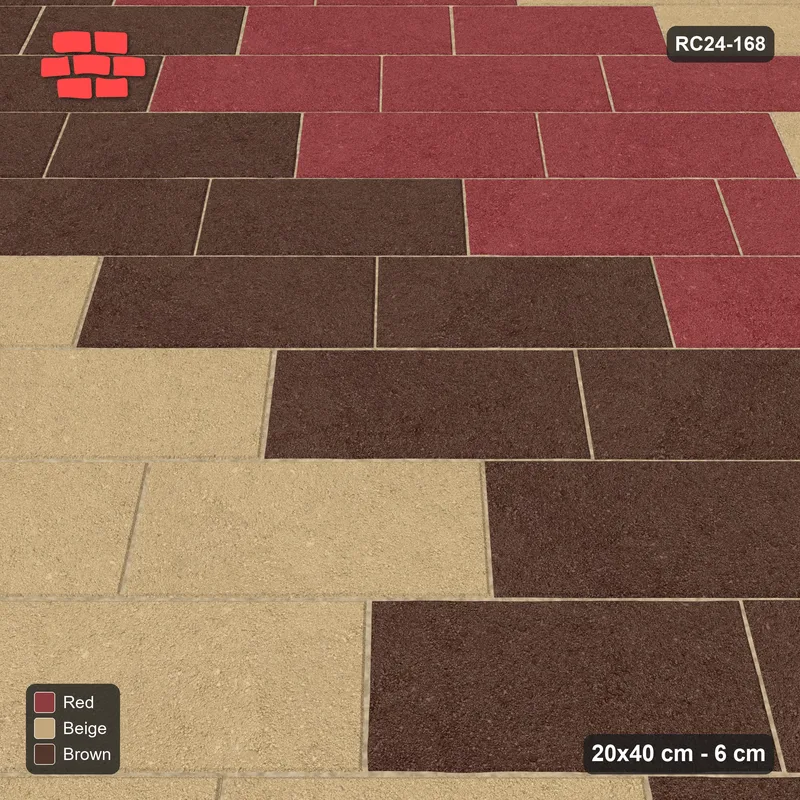 Interlock (Pasco) 20x40 cm · RC24-168 · Running bond 45 (1/3), 60 cm colour bands - Tuscany · Side view Interlock (Pasco) 20x40 cm · RC24-168 · Running bond 45 (1/3), 60 cm colour bands - Tuscany · Side view