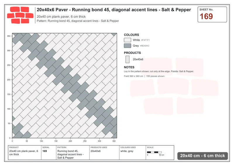 Interlock (Pasco) 20x40 cm · RC24-169 · Running bond 45, diagonal accent lines - Salt & Pepper · Laying plan Interlock (Pasco) 20x40 cm · RC24-169 · Running bond 45, diagonal accent lines - Salt & Pepper · Laying plan