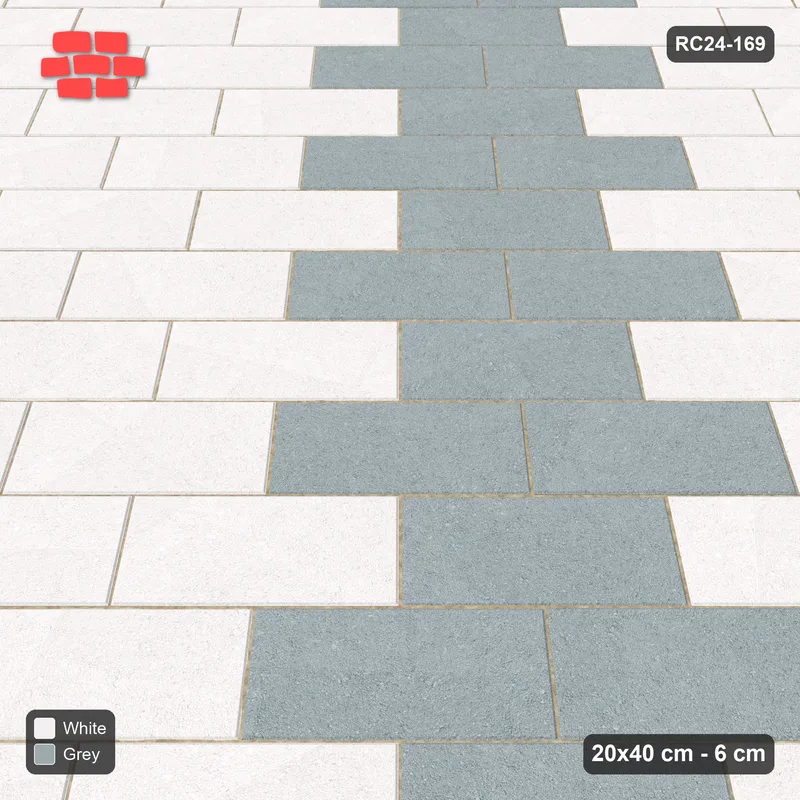 Interlock (Pasco) 20x40 cm · RC24-169 · Running bond 45, diagonal accent lines - Salt & Pepper · Side view Interlock (Pasco) 20x40 cm · RC24-169 · Running bond 45, diagonal accent lines - Salt & Pepper · Side view