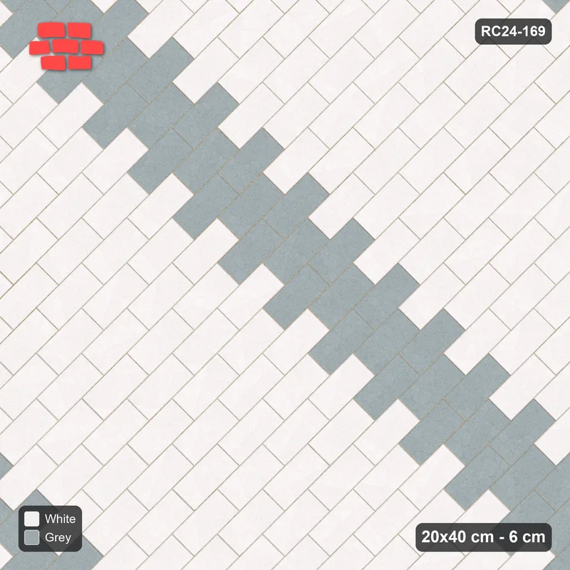 Interlock (Pasco) 20x40 cm · RC24-169 · Running bond 45, diagonal accent lines - Salt & Pepper · Top view Interlock (Pasco) 20x40 cm · RC24-169 · Running bond 45, diagonal accent lines - Salt & Pepper · Top view
