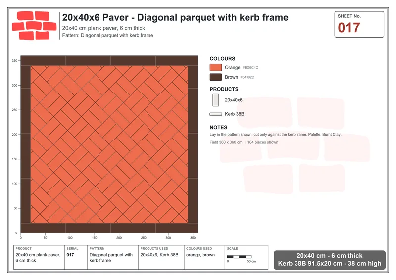 Interlock (Pasco) 20x40 cm · RC24-17 · Diagonal parquet with kerb frame · Laying plan Interlock (Pasco) 20x40 cm · RC24-17 · Diagonal parquet with kerb frame · Laying plan