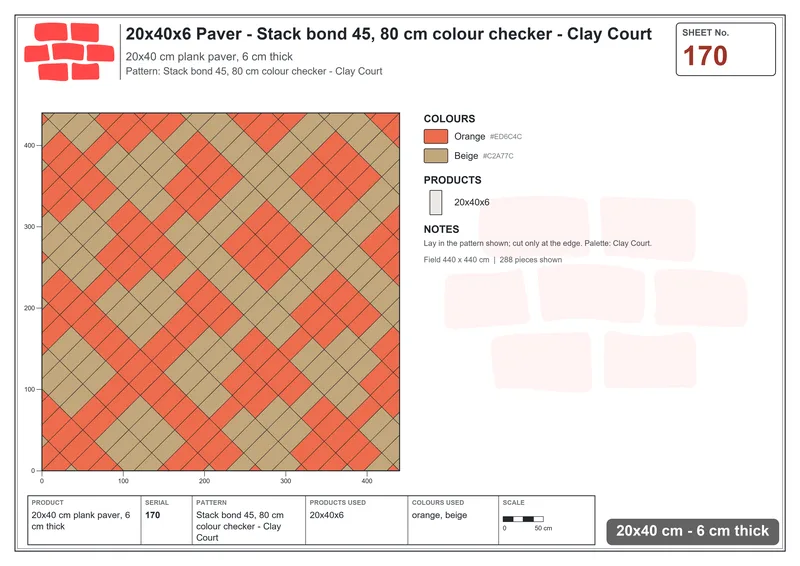 Interlock (Pasco) 20x40 cm · RC24-170 · Stack bond 45, 80 cm colour checker - Clay Court · Laying plan Interlock (Pasco) 20x40 cm · RC24-170 · Stack bond 45, 80 cm colour checker - Clay Court · Laying plan