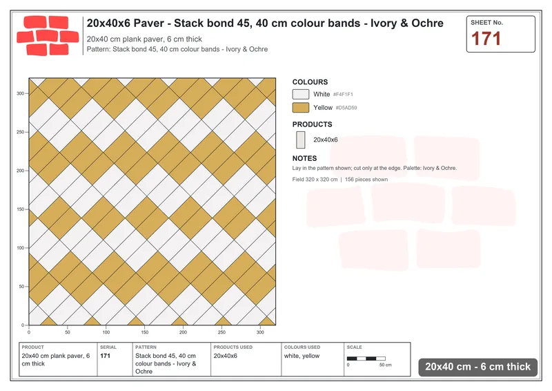 Interlock (Pasco) 20x40 cm · RC24-171 · Stack bond 45, 40 cm colour bands - Ivory & Ochre · Laying plan Interlock (Pasco) 20x40 cm · RC24-171 · Stack bond 45, 40 cm colour bands - Ivory & Ochre · Laying plan