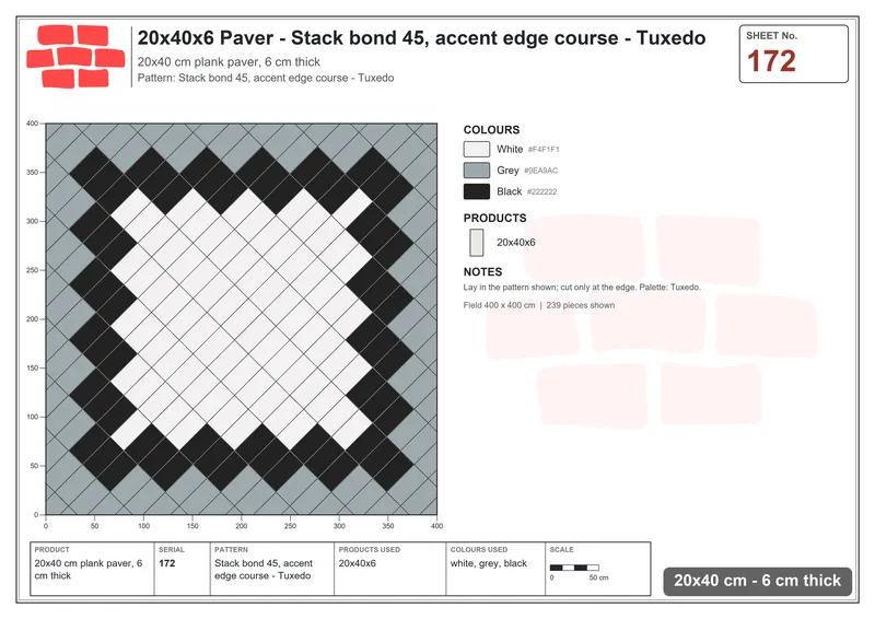 Interlock (Pasco) 20x40 cm · RC24-172 · Stack bond 45, accent edge course - Tuxedo · Laying plan Interlock (Pasco) 20x40 cm · RC24-172 · Stack bond 45, accent edge course - Tuxedo · Laying plan