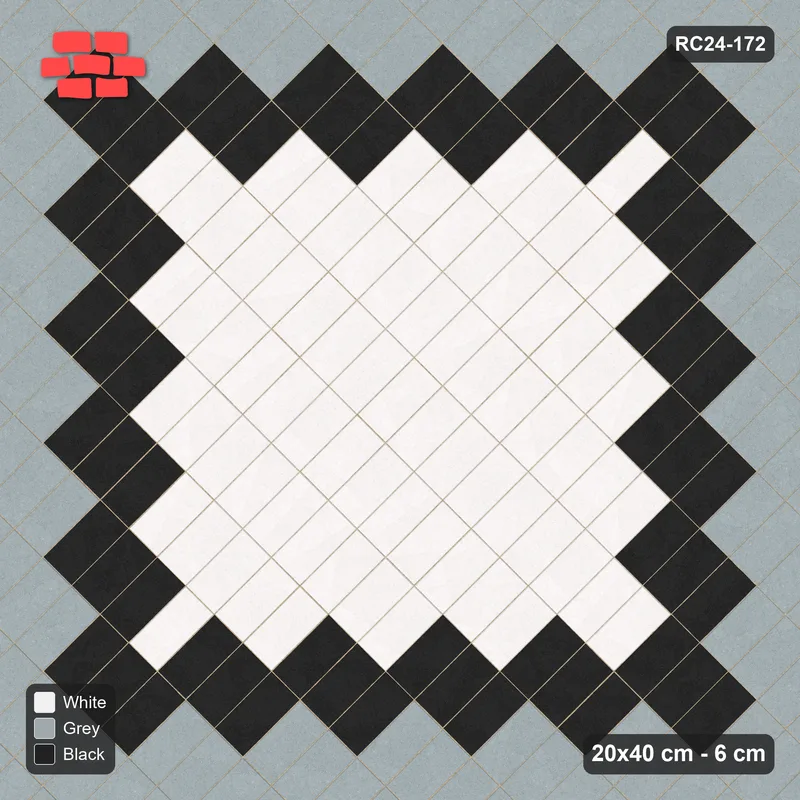 Interlock (Pasco) 20x40 cm · RC24-172 · Stack bond 45, accent edge course - Tuxedo · Top view Interlock (Pasco) 20x40 cm · RC24-172 · Stack bond 45, accent edge course - Tuxedo · Top view