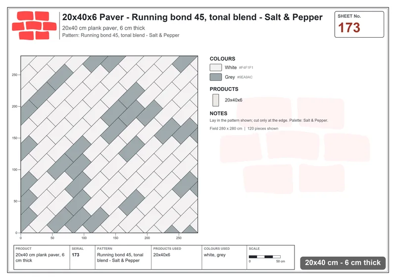 Interlock (Pasco) 20x40 cm · RC24-173 · Running bond 45, tonal blend - Salt & Pepper · Laying plan Interlock (Pasco) 20x40 cm · RC24-173 · Running bond 45, tonal blend - Salt & Pepper · Laying plan
