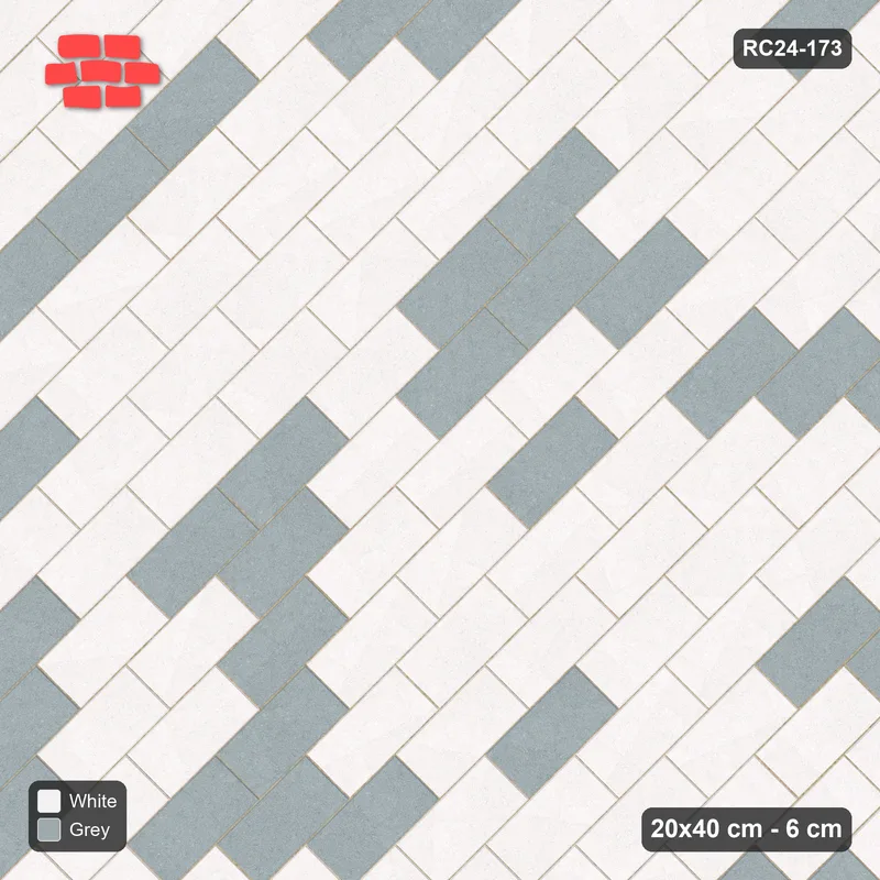 Interlock (Pasco) 20x40 cm · RC24-173 · Running bond 45, tonal blend - Salt & Pepper · Top view Interlock (Pasco) 20x40 cm · RC24-173 · Running bond 45, tonal blend - Salt & Pepper · Top view