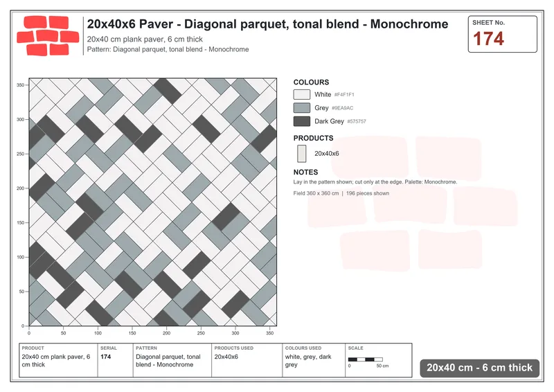 Interlock (Pasco) 20x40 cm · RC24-174 · Diagonal parquet, tonal blend - Monochrome · Laying plan Interlock (Pasco) 20x40 cm · RC24-174 · Diagonal parquet, tonal blend - Monochrome · Laying plan