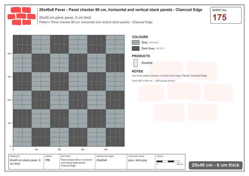 Interlock (Pasco) 20x40 cm · RC24-175 · Panel checker 80 cm, horizontal and vertical stack panels - Charcoal Edge · Laying plan Interlock (Pasco) 20x40 cm · RC24-175 · Panel checker 80 cm, horizontal and vertical stack panels - Charcoal Edge · Laying plan