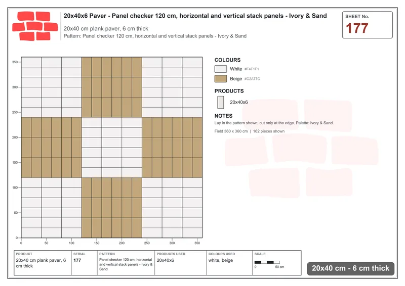 Interlock (Pasco) 20x40 cm · RC24-177 · Panel checker 120 cm, horizontal and vertical stack panels - Ivory & Sand · Laying plan Interlock (Pasco) 20x40 cm · RC24-177 · Panel checker 120 cm, horizontal and vertical stack panels - Ivory & Sand · Laying plan