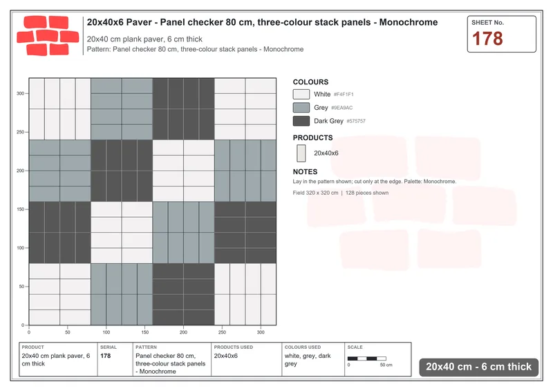 Interlock (Pasco) 20x40 cm · RC24-178 · Panel checker 80 cm, three-colour stack panels - Monochrome · Laying plan Interlock (Pasco) 20x40 cm · RC24-178 · Panel checker 80 cm, three-colour stack panels - Monochrome · Laying plan