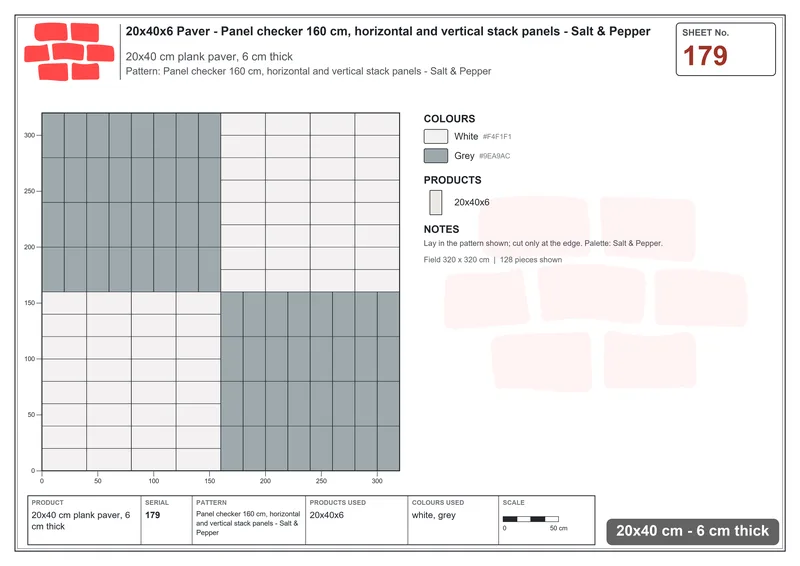 Interlock (Pasco) 20x40 cm · RC24-179 · Panel checker 160 cm, horizontal and vertical stack panels - Salt & Pepper · Laying plan Interlock (Pasco) 20x40 cm · RC24-179 · Panel checker 160 cm, horizontal and vertical stack panels - Salt & Pepper · Laying plan