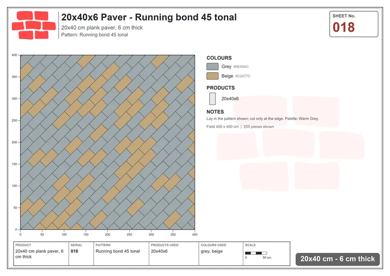 Interlock (Pasco) 20x40 cm · RC24-18 · Running bond 45 tonal · Laying plan Interlock (Pasco) 20x40 cm · RC24-18 · Running bond 45 tonal · Laying plan