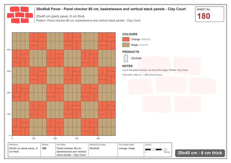 Interlock (Pasco) 20x40 cm · RC24-180 · Panel checker 80 cm, basketweave and vertical stack panels - Clay Court · Laying plan Interlock (Pasco) 20x40 cm · RC24-180 · Panel checker 80 cm, basketweave and vertical stack panels - Clay Court · Laying plan