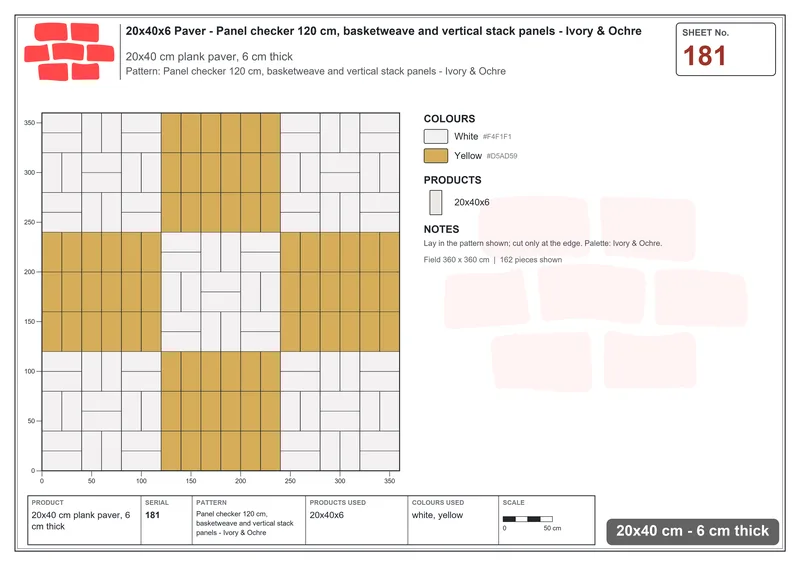 Interlock (Pasco) 20x40 cm · RC24-181 · Panel checker 120 cm, basketweave and vertical stack panels - Ivory & Ochre · Laying plan Interlock (Pasco) 20x40 cm · RC24-181 · Panel checker 120 cm, basketweave and vertical stack panels - Ivory & Ochre · Laying plan