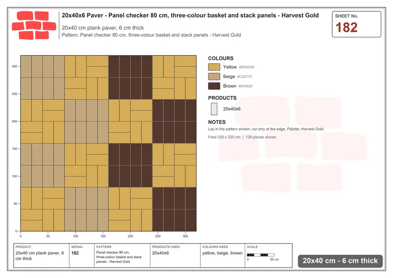 Interlock (Pasco) 20x40 cm · RC24-182 · Panel checker 80 cm, three-colour basket and stack panels - Harvest Gold · Laying plan Interlock (Pasco) 20x40 cm · RC24-182 · Panel checker 80 cm, three-colour basket and stack panels - Harvest Gold · Laying plan