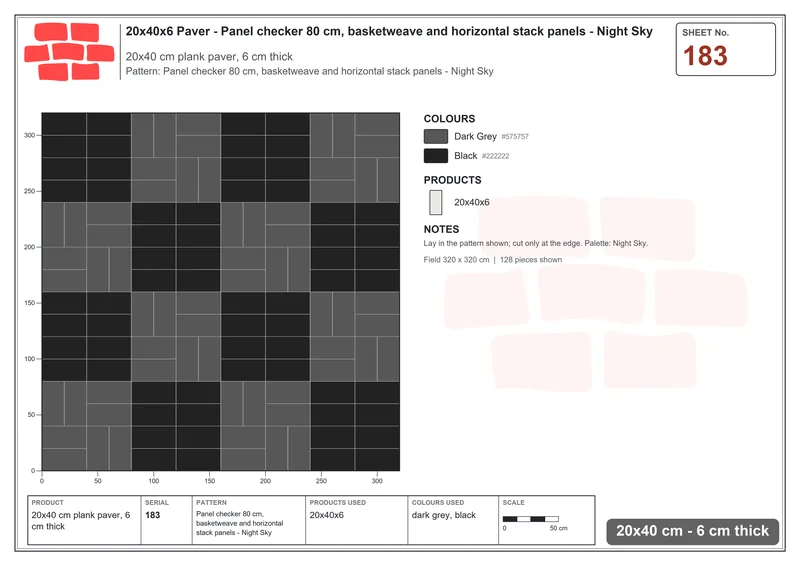 Interlock (Pasco) 20x40 cm · RC24-183 · Panel checker 80 cm, basketweave and horizontal stack panels - Night Sky · Laying plan Interlock (Pasco) 20x40 cm · RC24-183 · Panel checker 80 cm, basketweave and horizontal stack panels - Night Sky · Laying plan
