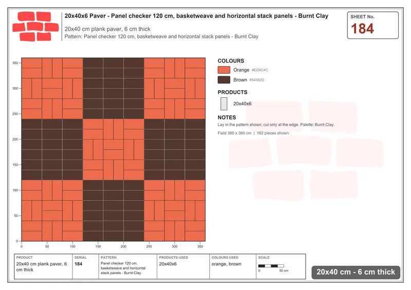 Interlock (Pasco) 20x40 cm · RC24-184 · Panel checker 120 cm, basketweave and horizontal stack panels - Burnt Clay · Laying plan Interlock (Pasco) 20x40 cm · RC24-184 · Panel checker 120 cm, basketweave and horizontal stack panels - Burnt Clay · Laying plan