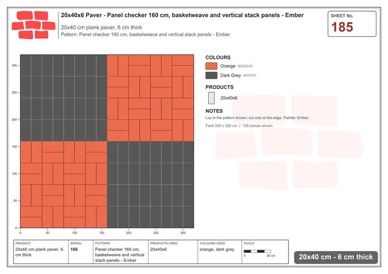 Interlock (Pasco) 20x40 cm · RC24-185 · Panel checker 160 cm, basketweave and vertical stack panels - Ember · Laying plan Interlock (Pasco) 20x40 cm · RC24-185 · Panel checker 160 cm, basketweave and vertical stack panels - Ember · Laying plan