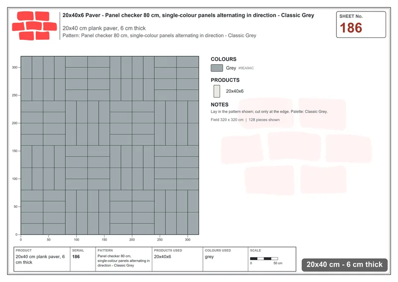 Interlock (Pasco) 20x40 cm · RC24-186 · Panel checker 80 cm, single-colour panels alternating in direction - Classic Grey · Laying plan Interlock (Pasco) 20x40 cm · RC24-186 · Panel checker 80 cm, single-colour panels alternating in direction - Classic Grey · Laying plan