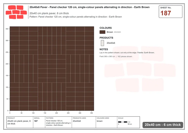 Interlock (Pasco) 20x40 cm · RC24-187 · Panel checker 120 cm, single-colour panels alternating in direction - Earth Brown · Laying plan Interlock (Pasco) 20x40 cm · RC24-187 · Panel checker 120 cm, single-colour panels alternating in direction - Earth Brown · Laying plan